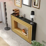 Goldoma modern console table in gray and black with layered wood frame and adjustable height, featuring 5 drawers and 6 shelves for storage.