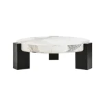 Goldoma modern round coffee table with white MDF base and clear glass top in a living room setting