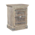 White distressed solid wood nightstand with two drawers and open shelf