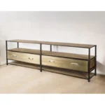 Goldoma 15-inch rustic brown solid wood console table in an entryway with a lamp and decorative items