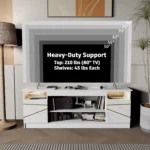 Goldoma Modern LED TV Stand with white marble pattern and storage, featuring built-in lighting and ample shelving for a stylish living room