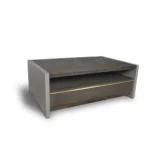 Goldoma 47-inch brown solid wood and dark gray concrete coffee table with drawer and shelf in a modern living room