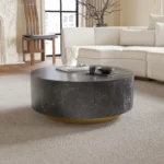 Modern round coffee table with drawer featuring marble pattern finish and solid wood legs - Goldoma