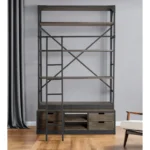 HMS 94 Four Tier Ladder Bookcase Brown Metal and MDF Wood for Home Office or Living Room Book Storage Furniture
