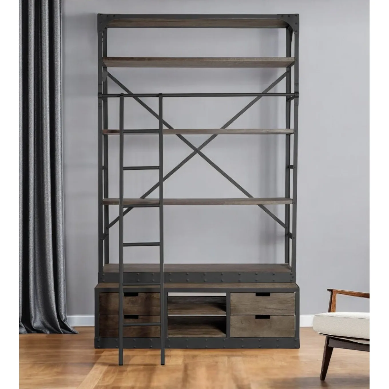 He16f72d09ed04b0ea24f05bcffe1e0d3U.webp Goldoma 94-inch ladder bookcase with brown MDF shelves and black metal frame in a living room