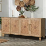 Goldoma carved flower storage cabinet with adjustable shelves for living room