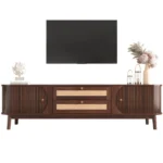 Goldoma modern farmhouse rattan TV stand for TVs up to 75 inches with solid wood legs and storage cabinets