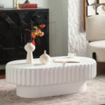 Modern oval fluted storage coffee table with lift-off lid in cream white MDF