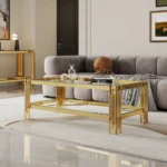 Goldoma double layer tempered glass coffee table with gold stainless steel frame in modern living room