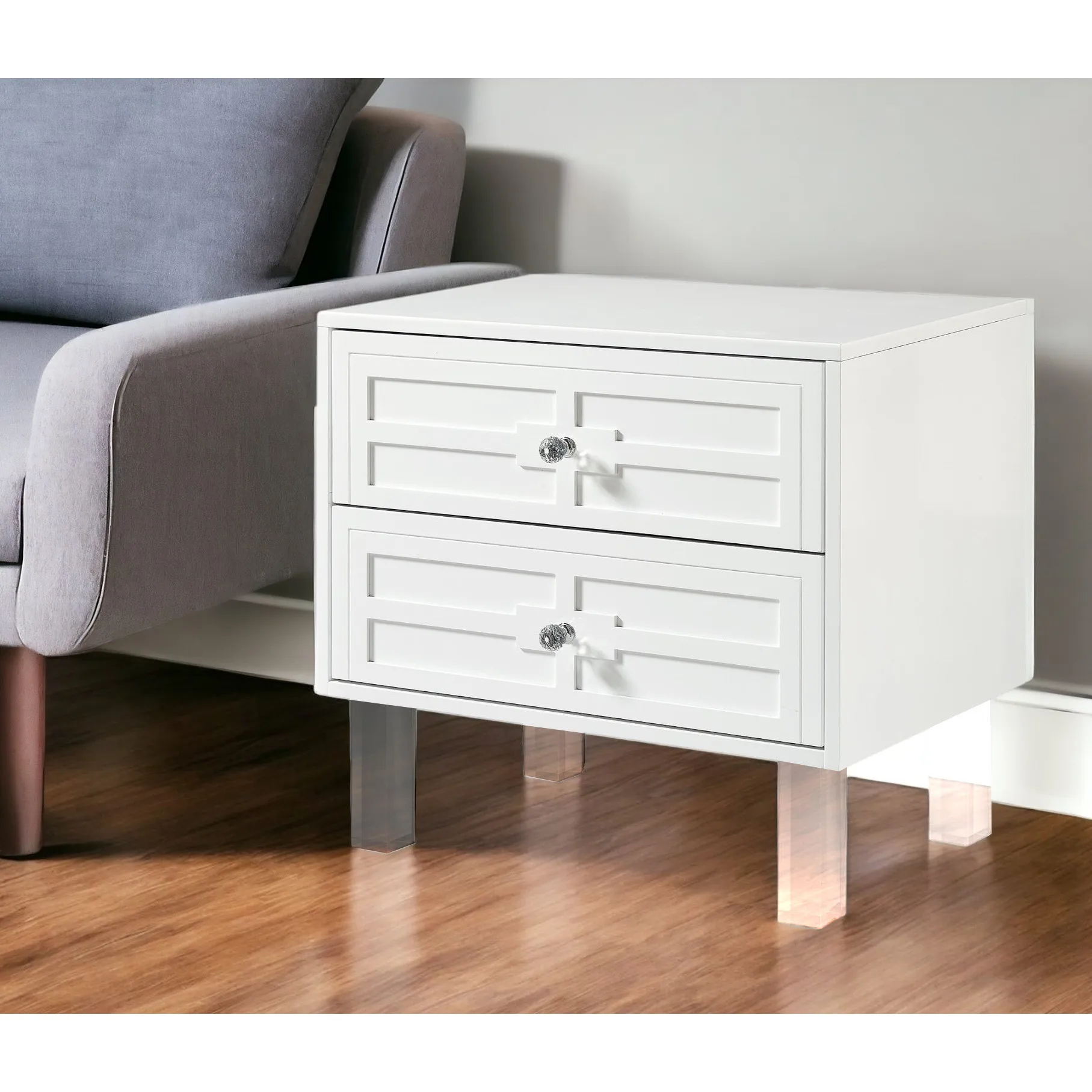 He25d16979de64133bfb5c0e99b2214f6m.webp Clear acrylic end table with two drawers and white lacquered top in living room setting