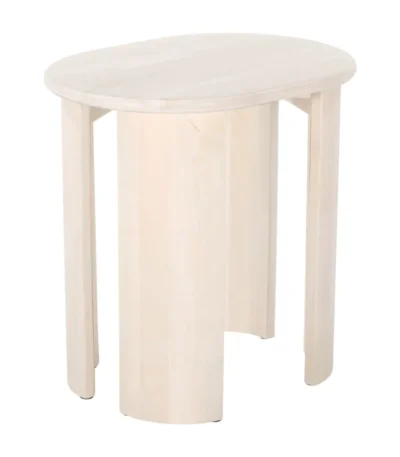 Goldoma natural solid wood oval end table with wabi-sabi farmhouse finish placed beside a sofa in a living room