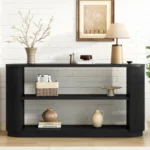 Goldoma solid wood console table with open shelves in a modern entryway