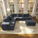 110.2" L-Shaped Sectional Sofa Set Removable Ottoman Convertible Sleeper Modern Design USB/Charging/Cup Holders Plush Corduroy - Image 3
