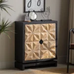 Goldoma 3D geometric carved double-door cabinet in black and natural wood finish, a modern storage sideboard for living room