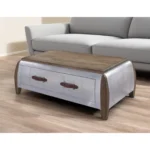 51-inch coffee table with drawer in brown solid wood and gray aluminum base