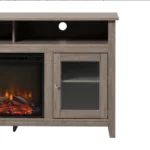 Goldoma 58-inch tall TV stand with fireplace in driftwood finish holding a TV, showcasing rustic design and electric LED flames