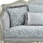 Goldoma Light Gray and Champagne Linen Damask Loveseat with Toss Pillows – base detail