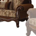 Brown damask chesterfield loveseat with genuine leather, rolled arms, and two toss pillows