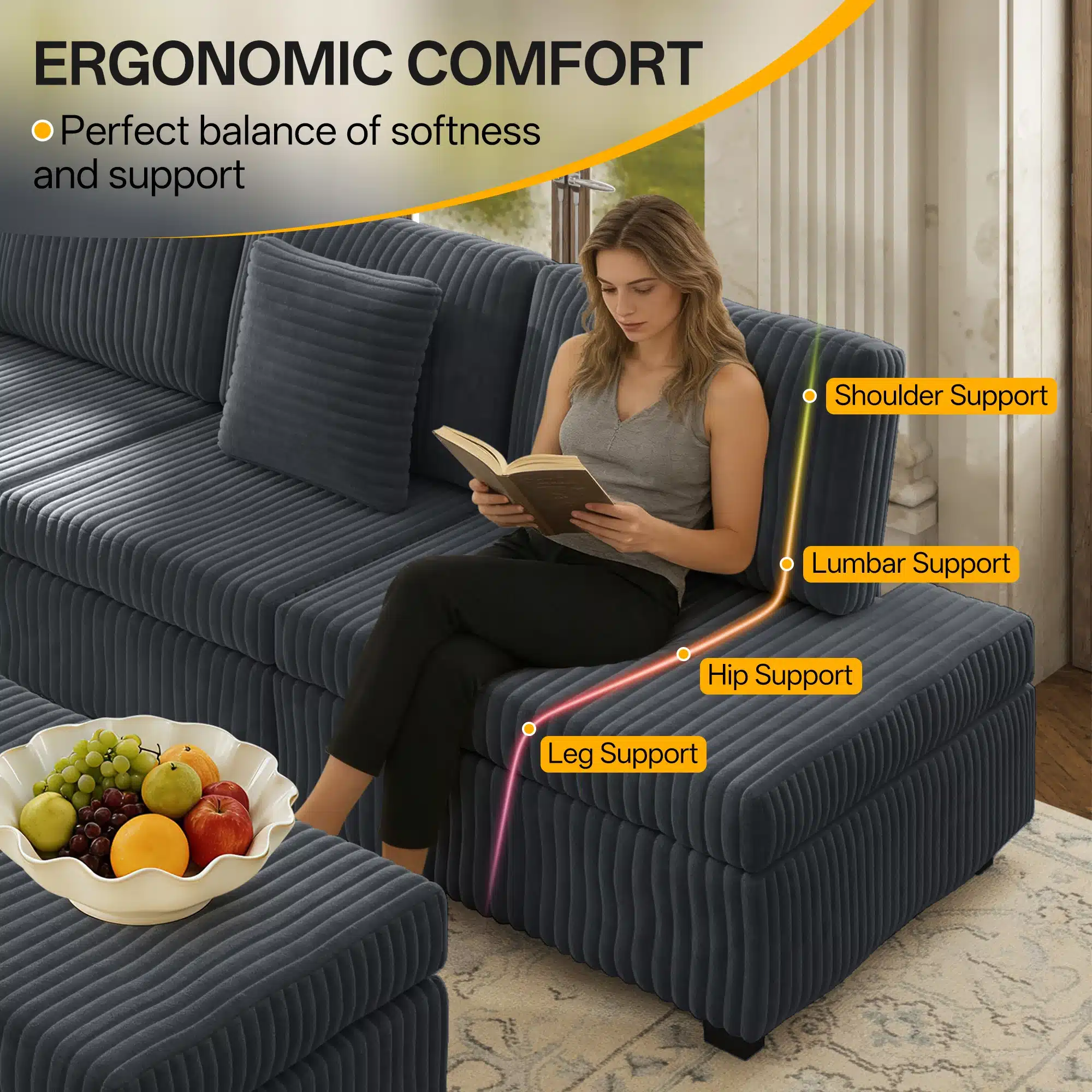 Goldoma Modern L-Shaped Sectional Sofa with Storage, USB, and Ottoman