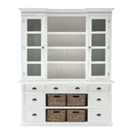 Goldoma 87" White Wood Bookcase with Glass Doors, Drawers & Baskets – side view