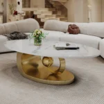 Goldoma Sculptural Coffee Table with Faux Marble Top and Stainless Steel Base