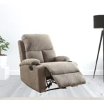 Blue linen recliner sectional sofa with memory foam seat and built-in cup holders in a modern living room