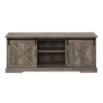 Goldoma Farmhouse Sliding Barn Door TV Stand for TVs up to 80", Grey Wash with LED Lighting – side view