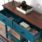 Goldoma farmhouse console table with storage drawers in rustic blue finish, perfect for entryway organization