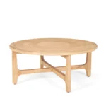 Round coffee table 39 inch natural and white distressed solid wood in a farmhouse living room