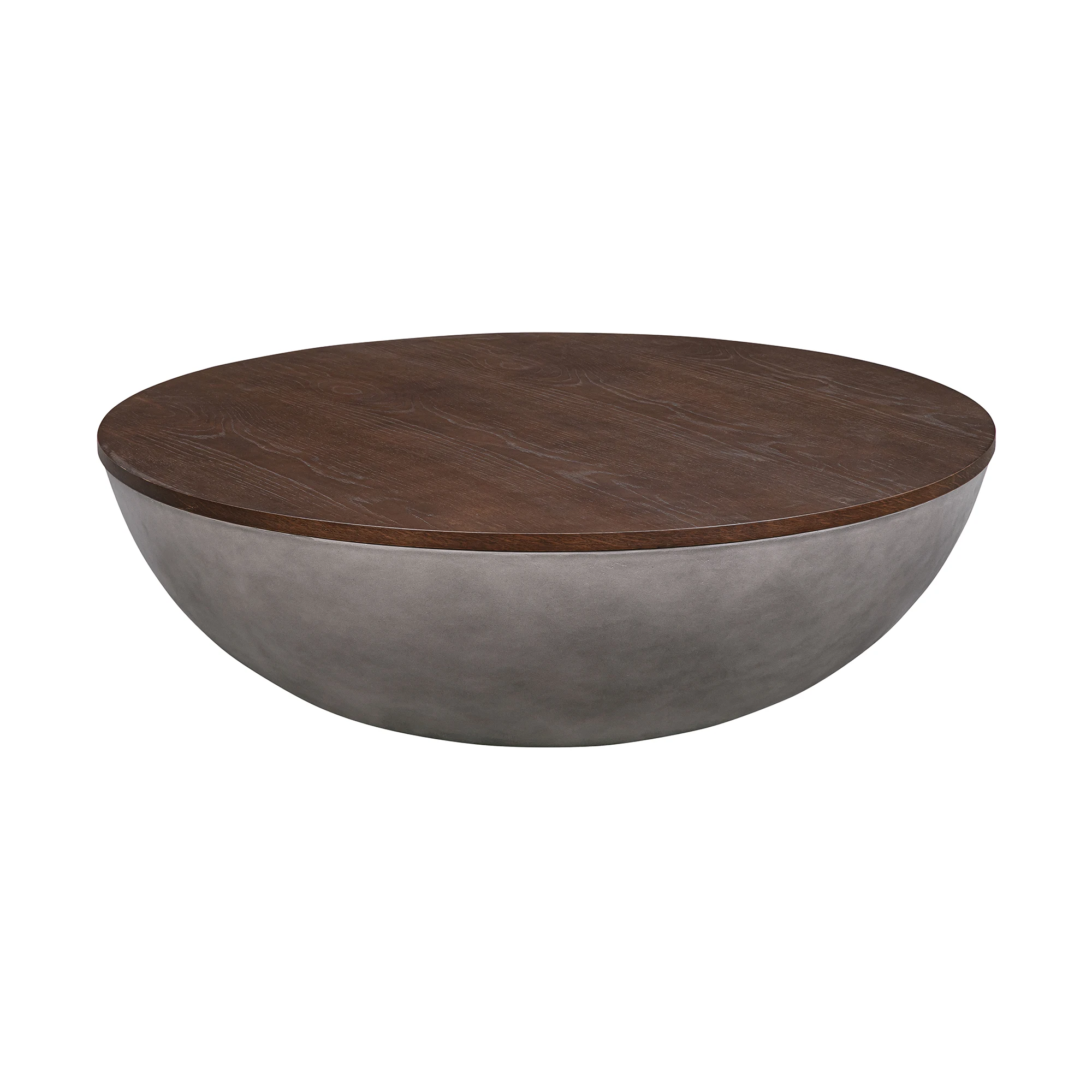 He63d75337271400387869df5ecad608eF.webp Goldoma 48-inch round solid wood and concrete coffee table with brown top and gray base in a living room