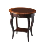 Goldoma brown wood oval coffee table with drawer and shelf in a farmhouse living room