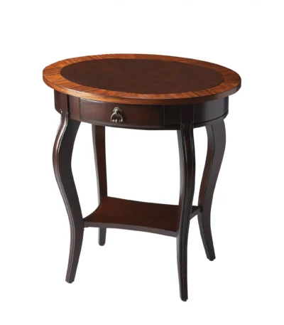 Goldoma brown wood oval coffee table with drawer and shelf in a farmhouse living room