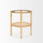 Goldoma 24-inch round side table with clear glass top and light brown solid wood shelf, perfect for living room decor