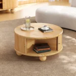 Goldoma oval fluted coffee table with storage in rubber solid wood, featuring a lower shelf and open storage doors, perfect for modern living rooms