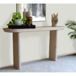 Goldoma 60-inch solid pine wood oval console table with natural finish in a living room setting