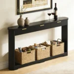 Modern console table with wavy patterned front and two storage drawers in a living room setting