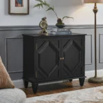 Retro wooden sideboard cabinet with geometric accents and brass handles in a living room setting