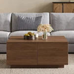 Goldoma Nordic square wooden coffee table with 4 drawers in a modern living room setting