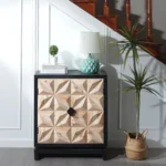 Goldoma 3D geometric carved double-door cabinet in black and natural wood finish, a modern storage sideboard for living room