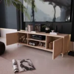 Goldoma mid-century modern bamboo TV stand with metal shelves for 60-64 inch TVs in a living room