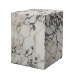 Goldoma 20-inch ivory marble square block end table with natural veining and wood base