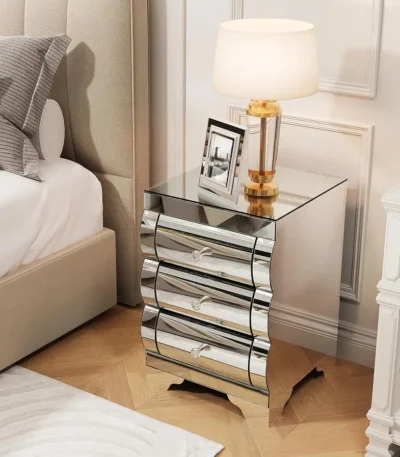 Baked curved mirror nightstand with 3 drawers in modern wood finish, perfect for small bedroom