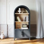 Goldoma tall bookcase with cabinet - mid-century modern 3-tier arched bookcase in solid wood and MDF
