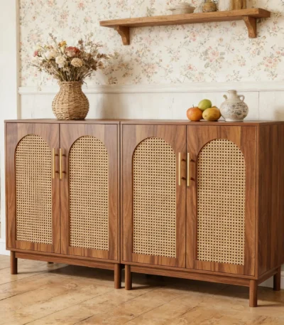 Goldoma rattan sideboard buffet with solid wood legs in walnut finish, featuring two cabinet doors with woven rattan panels