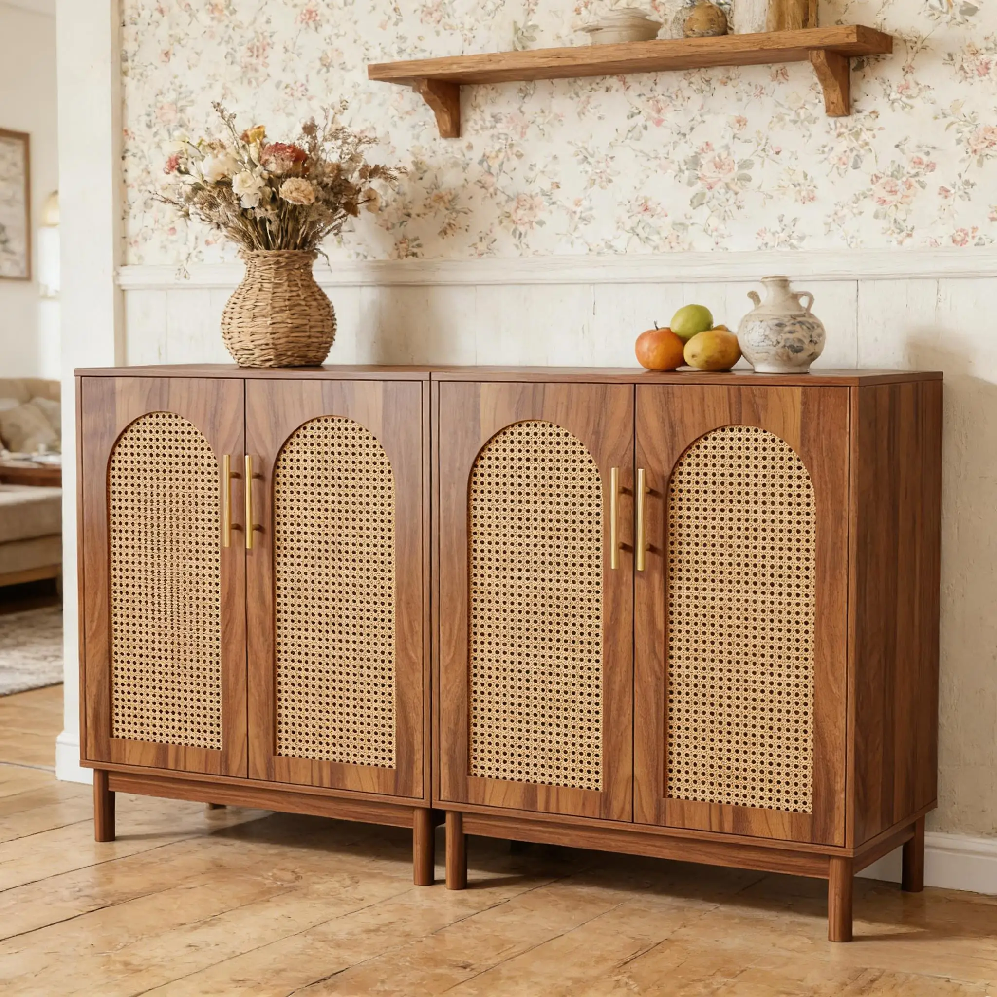 He95aefe9ebb74a59a04fe20bc1e4af86G.webp Goldoma rattan sideboard buffet with solid wood legs in walnut finish, featuring two cabinet doors with woven rattan panels