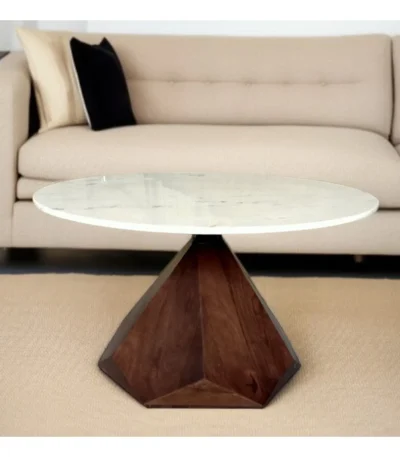 32-inch modern marble coffee table with solid wood geometric base - Goldoma
