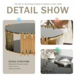 Modern circular coffee table with stainless steel base and tempered glass top on wooden floor