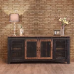 Goldoma 79-inch black distressed solid wood TV stand with enclosed storage and cable management