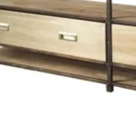 Goldoma 15-inch rustic brown solid wood console table in an entryway with a lamp and decorative items