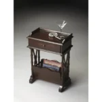 Rustic end table: small black wood side table with drawer and shelf